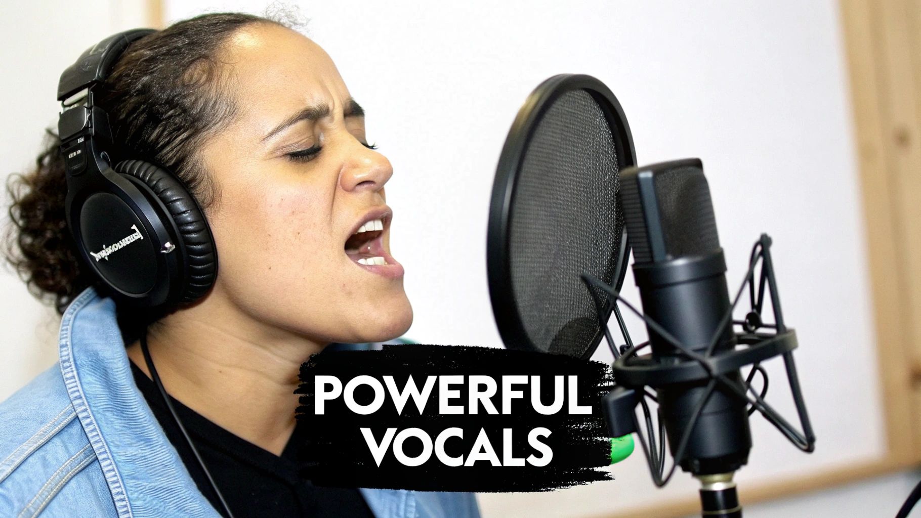 Female vocalist singing powerfully into studio microphone wearing headphones during professional recording session