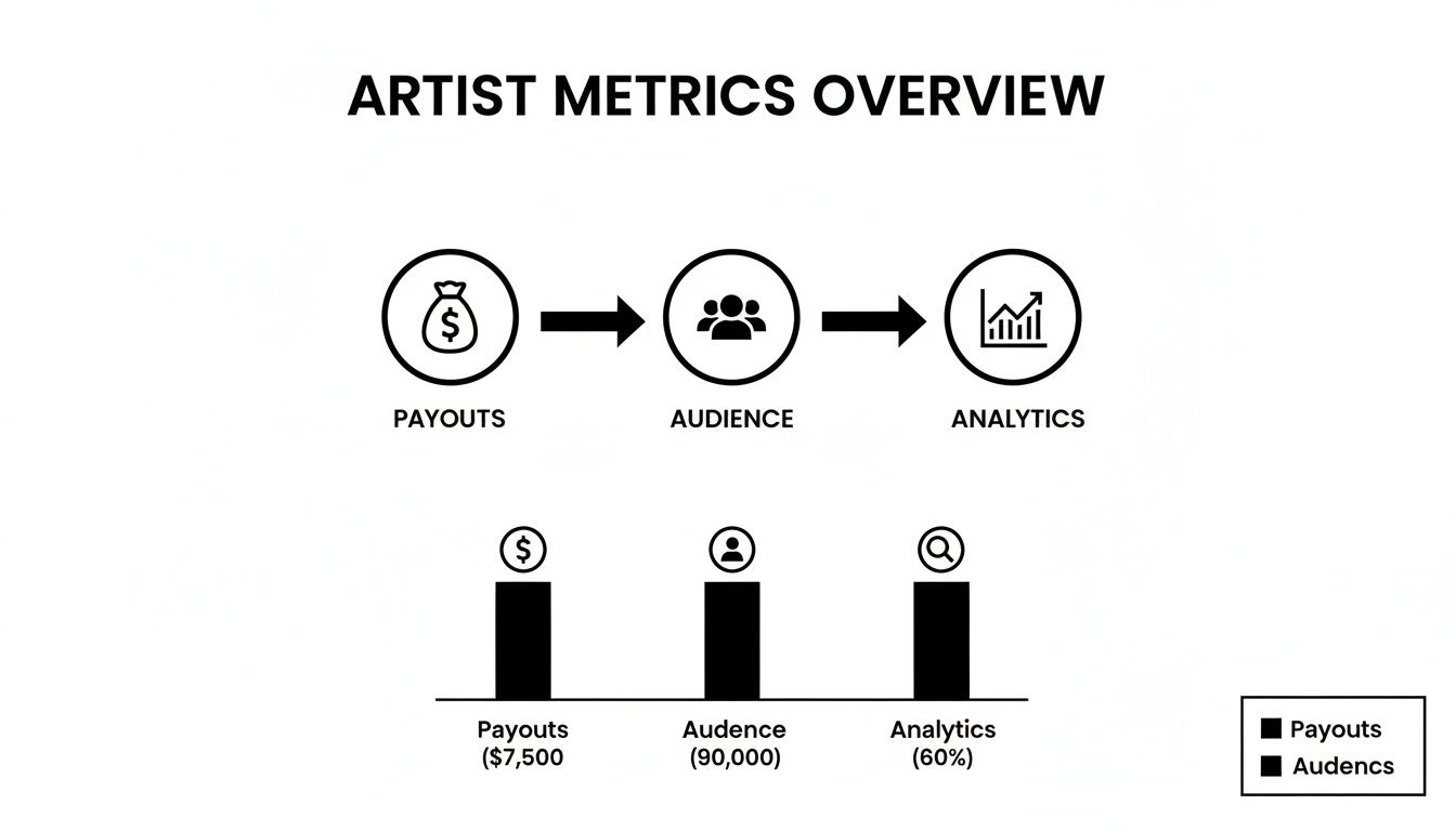 Artist metrics overview showing a flow from payouts to audience to analytics, with corresponding data bars.