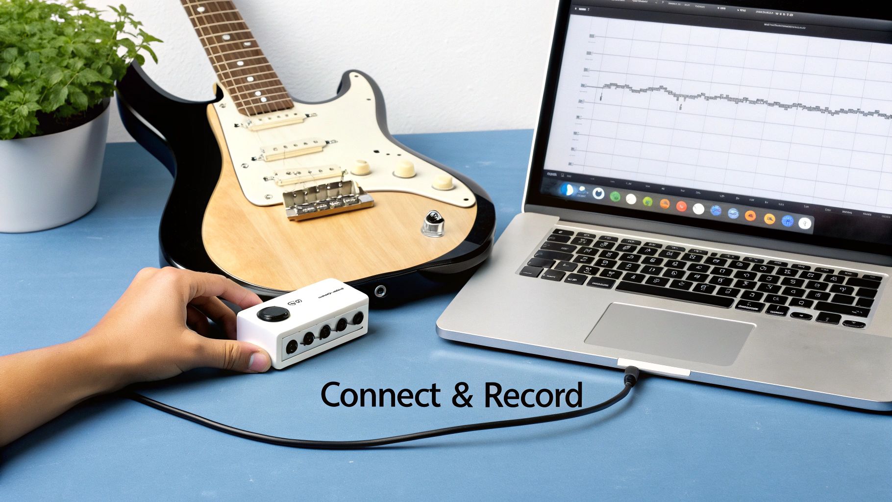 A hand connects an audio interface to a laptop, with an electric guitar nearby, ready for recording music.