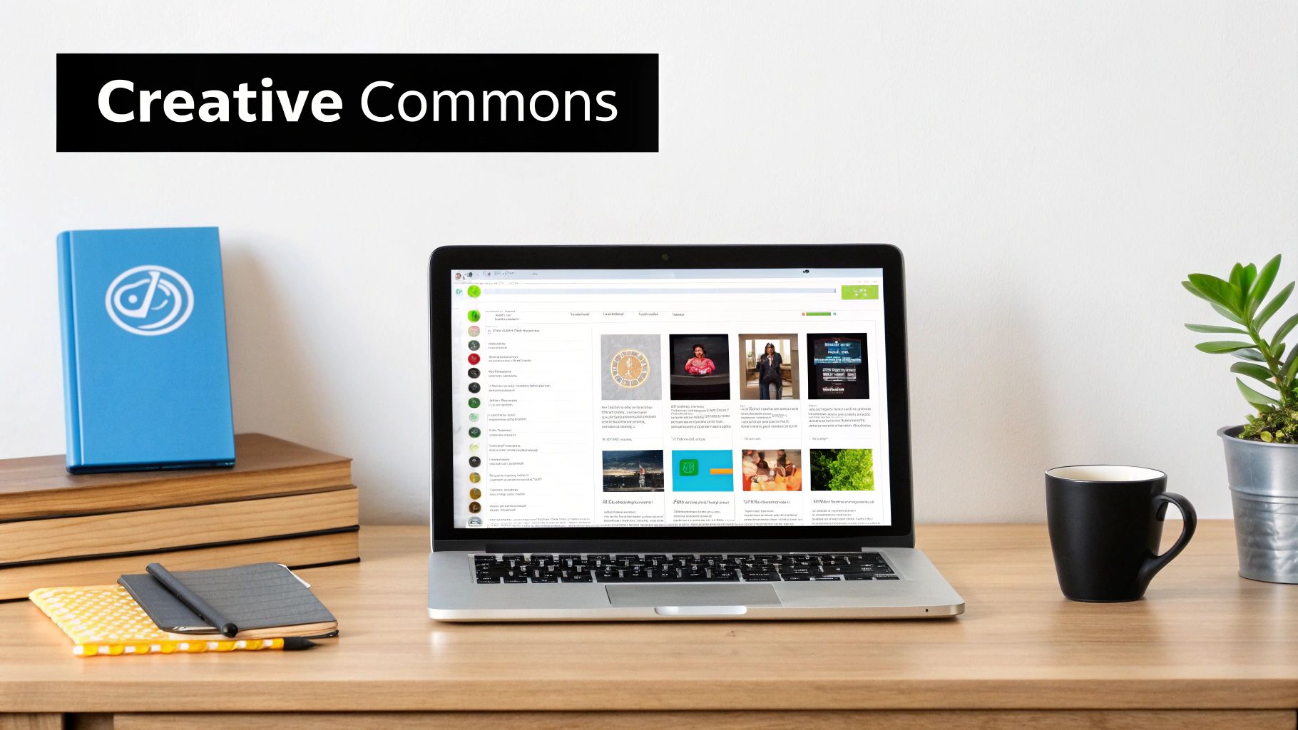 A wooden desk with a laptop displaying images, books, a mug, and a plant, titled Creative Commons.