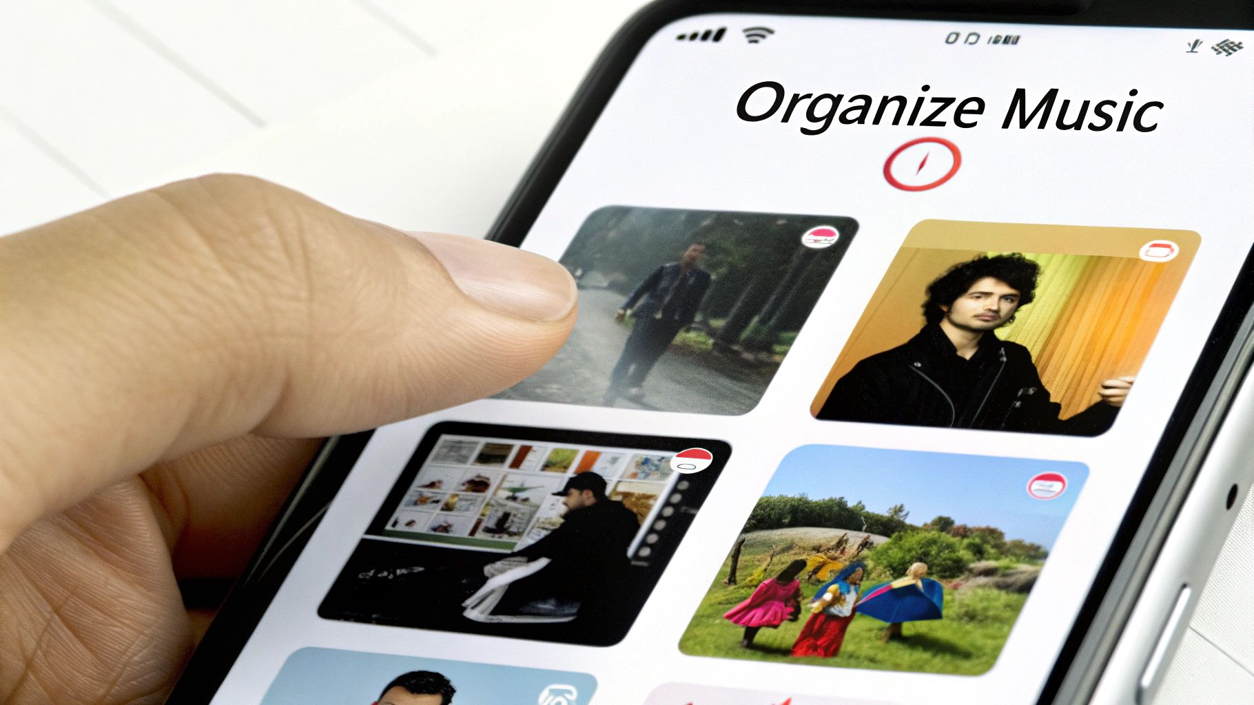 A person's hand holding a smartphone displaying a music organization app with various album covers.