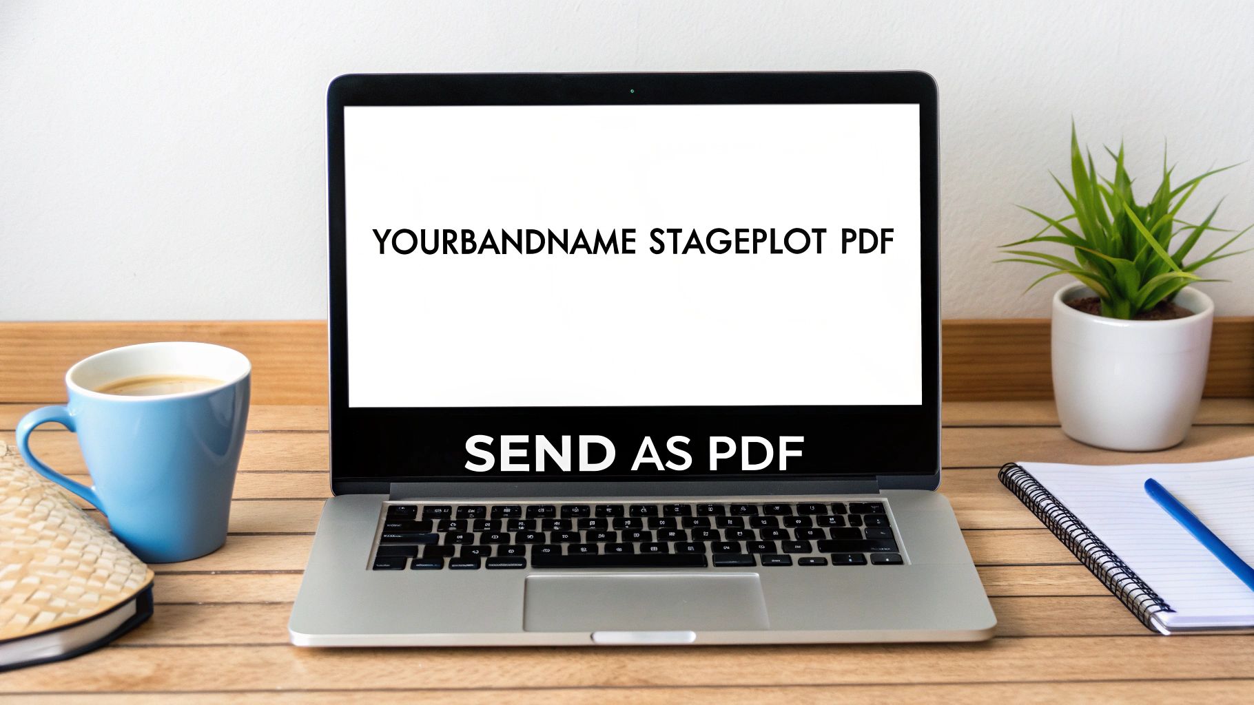 A laptop displaying a band's stage plot PDF on a desk with coffee and office supplies.