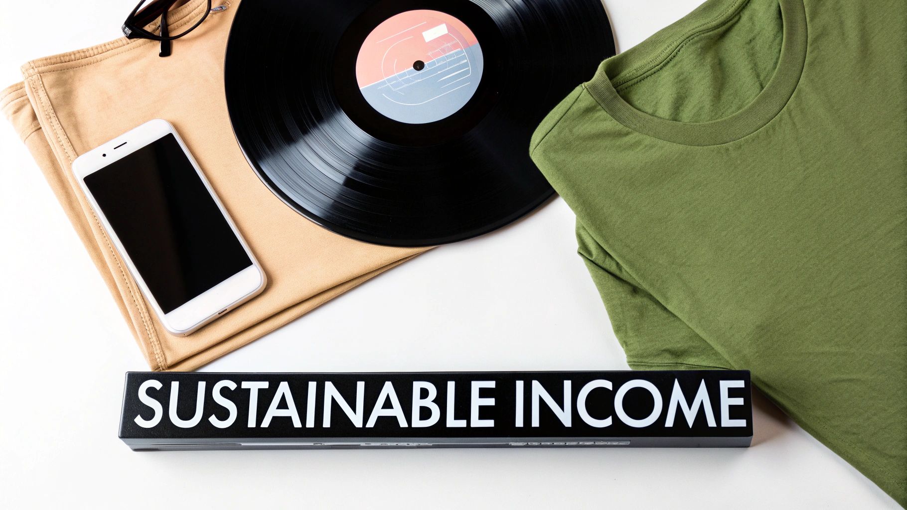 A flat lay displaying a smartphone, vinyl record, green t-shirt, and a 'Sustainable Income' sign.
