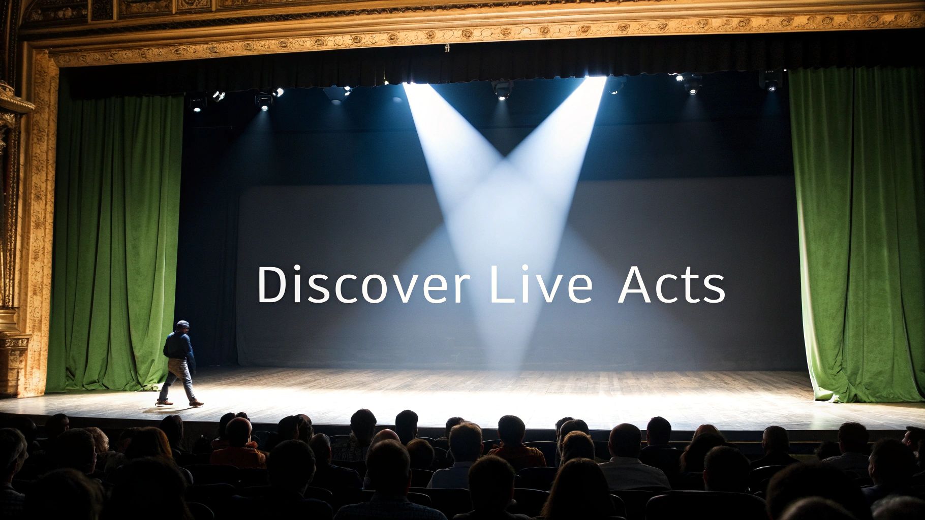 A spotlighted theater stage with green curtains, a person walking, and an audience. Text: Discover Live Acts.
