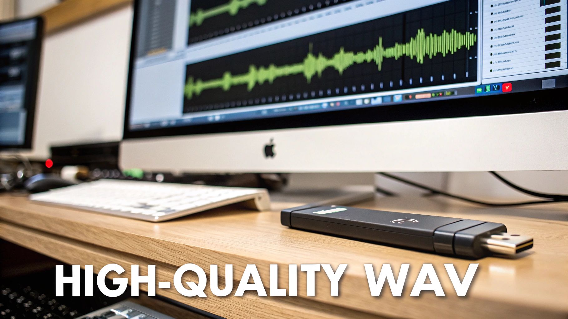 Desktop setup with an Apple iMac displaying audio waveforms, keyboard, and a black USB drive.