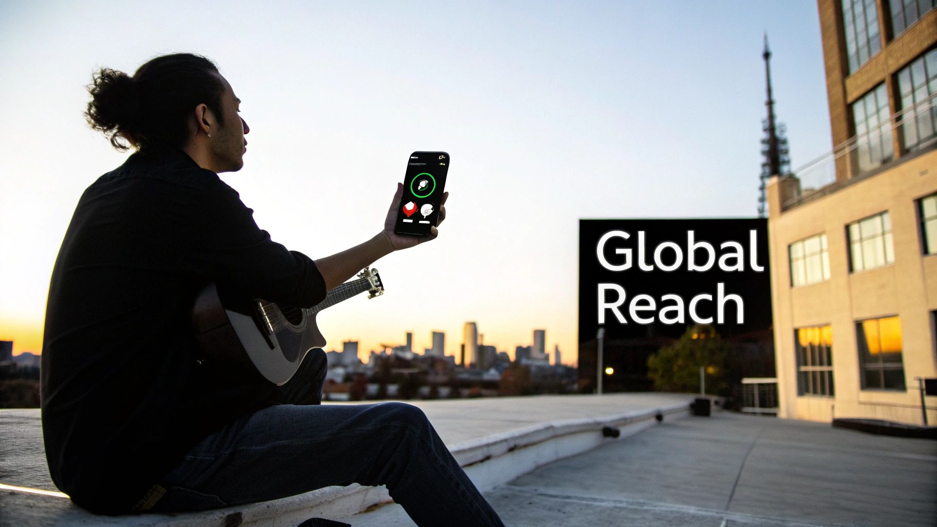 Musician on rooftop with guitar and smartphone, overlooking city skyline and 'Global Reach' sign.