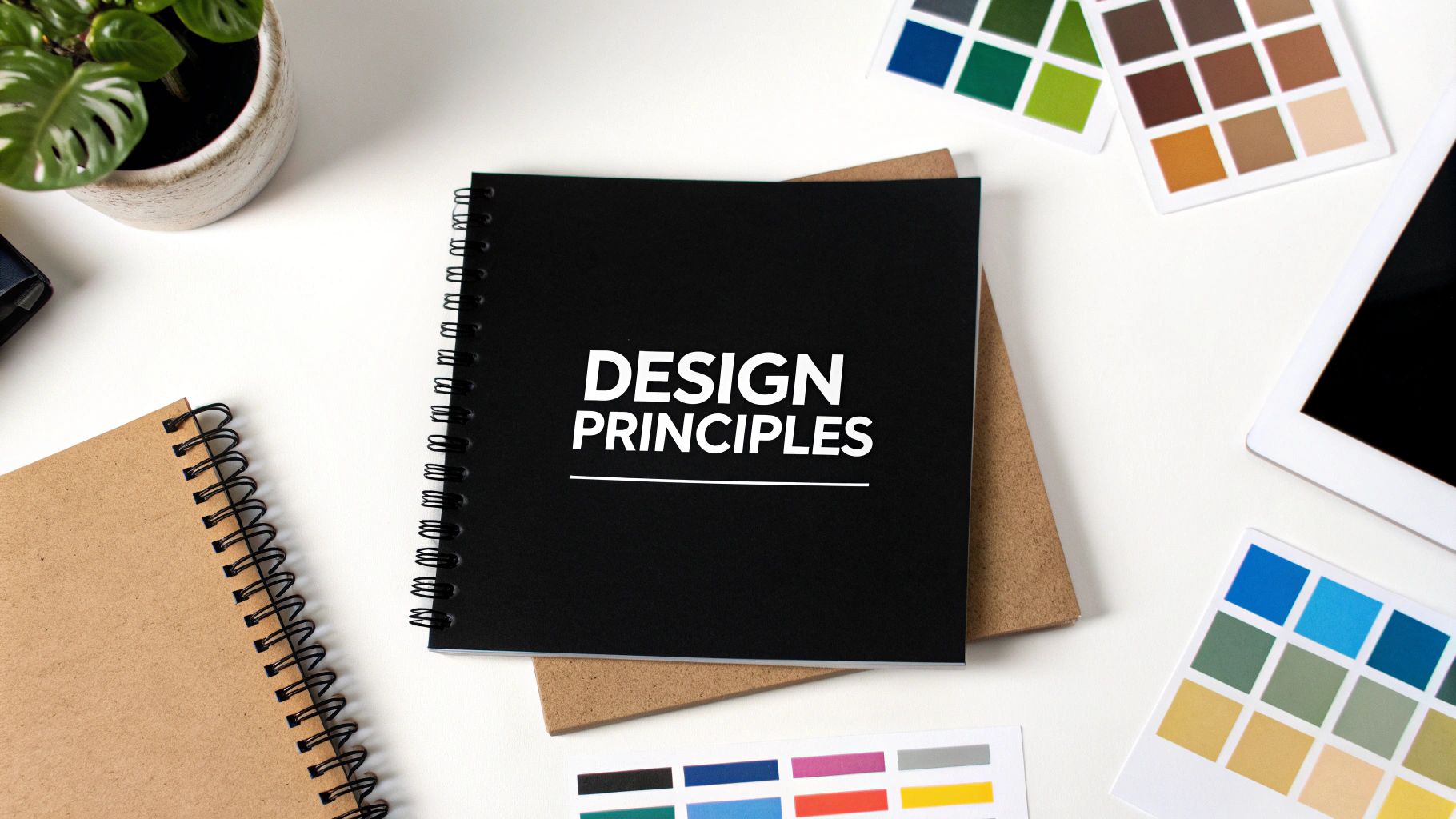 A flat lay of a white desk with a black notebook titled 'DESIGN PRINCIPLES', color palettes, and a plant.