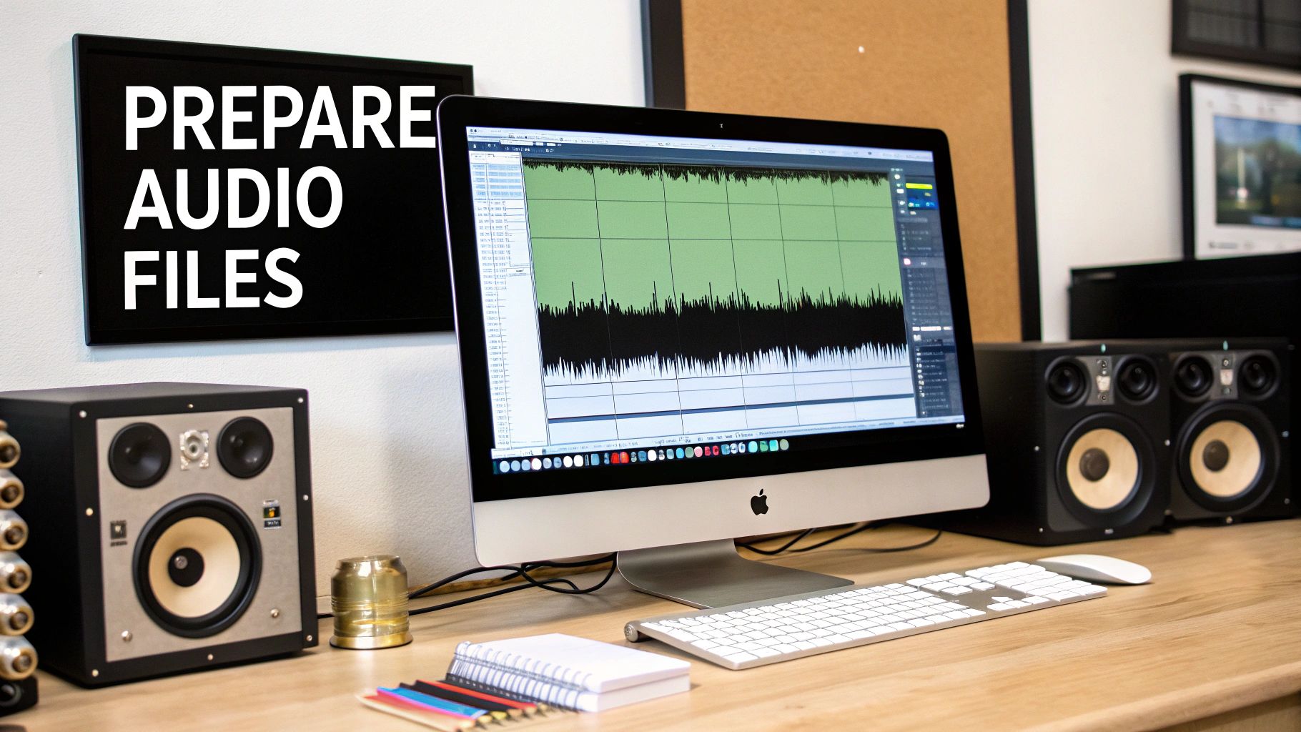 A mixing board in a music studio, representing audio preparation
