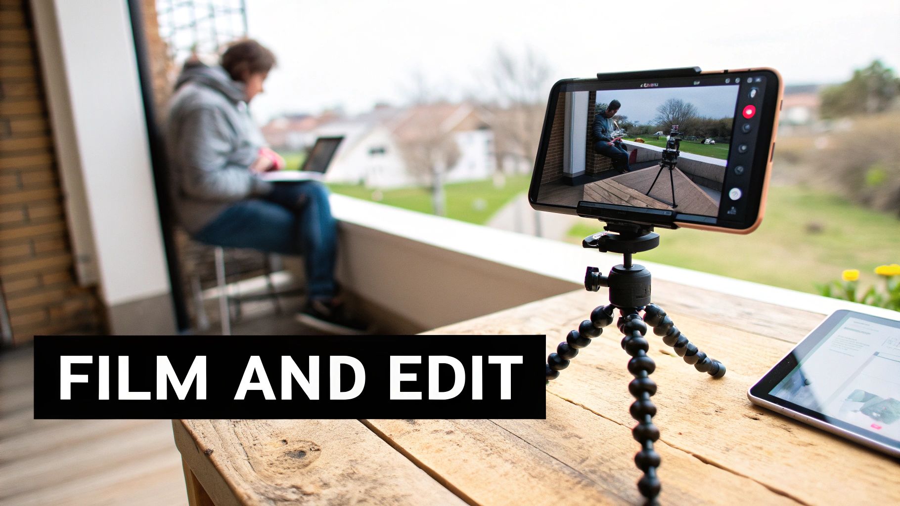 Smartphone mounted on tripod filming content creator working on laptop by window