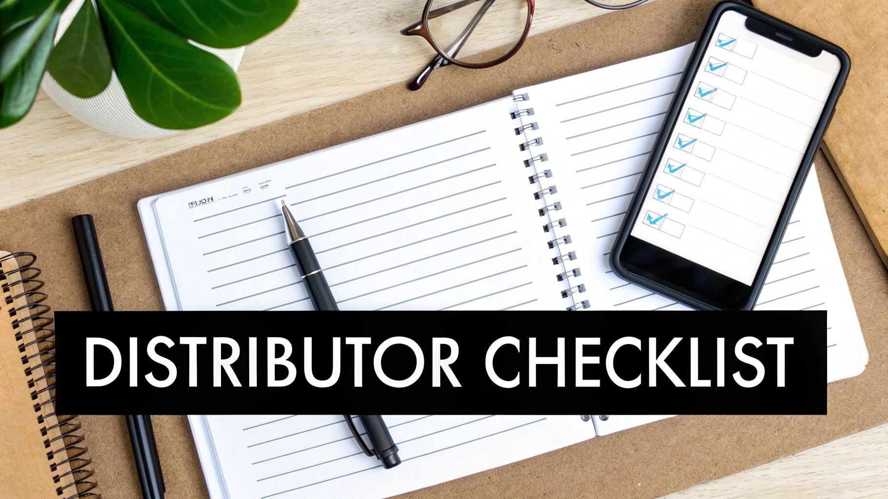 Overhead view of a desk with a notebook, pen, smartphone checklist, glasses, and a plant, featuring the text 'DISTRIBUTOR CHECKLIST'.