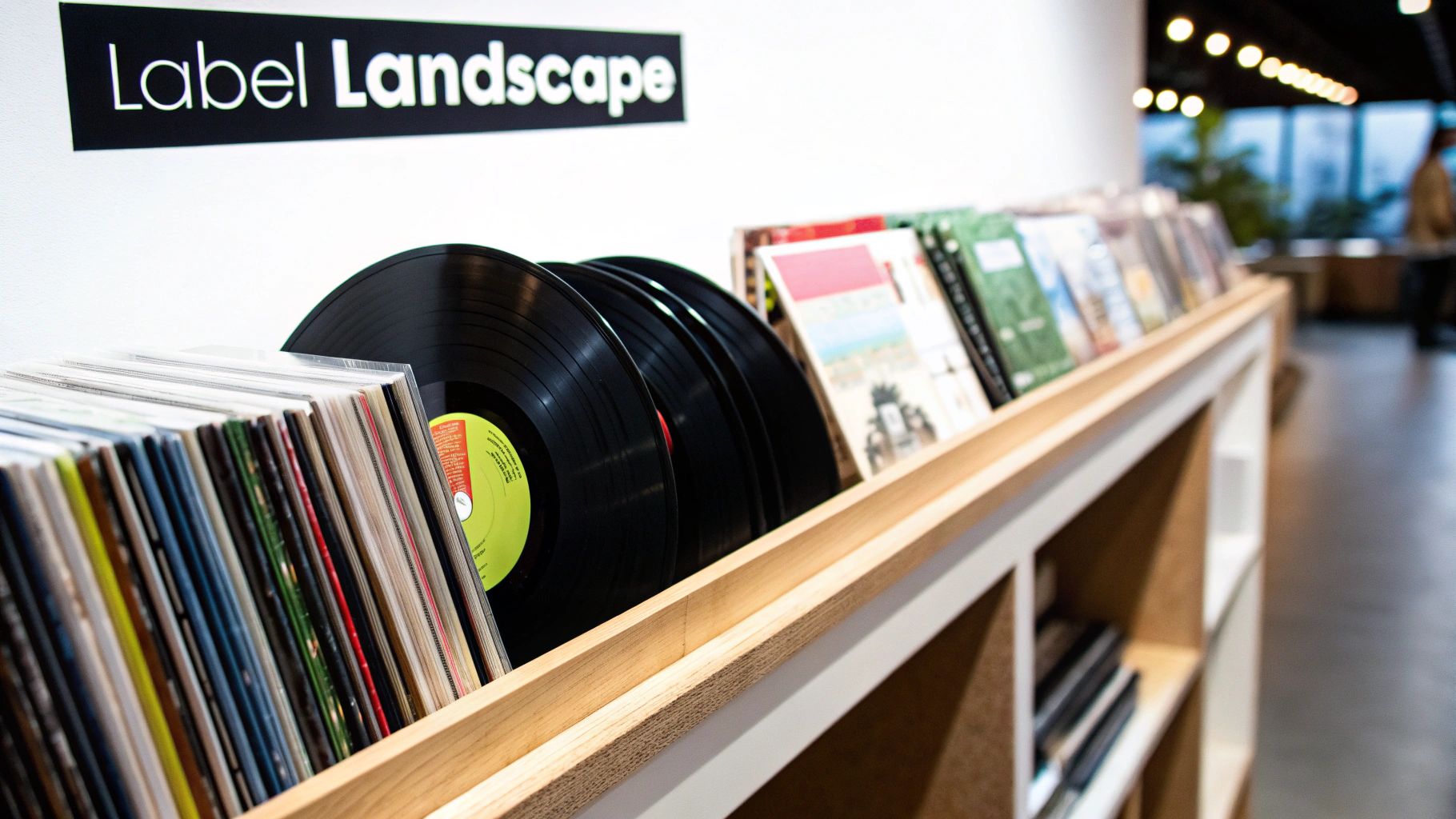 Close-up of numerous vinyl records displayed on a wooden shelf beneath a 'Label Landscape' sign.