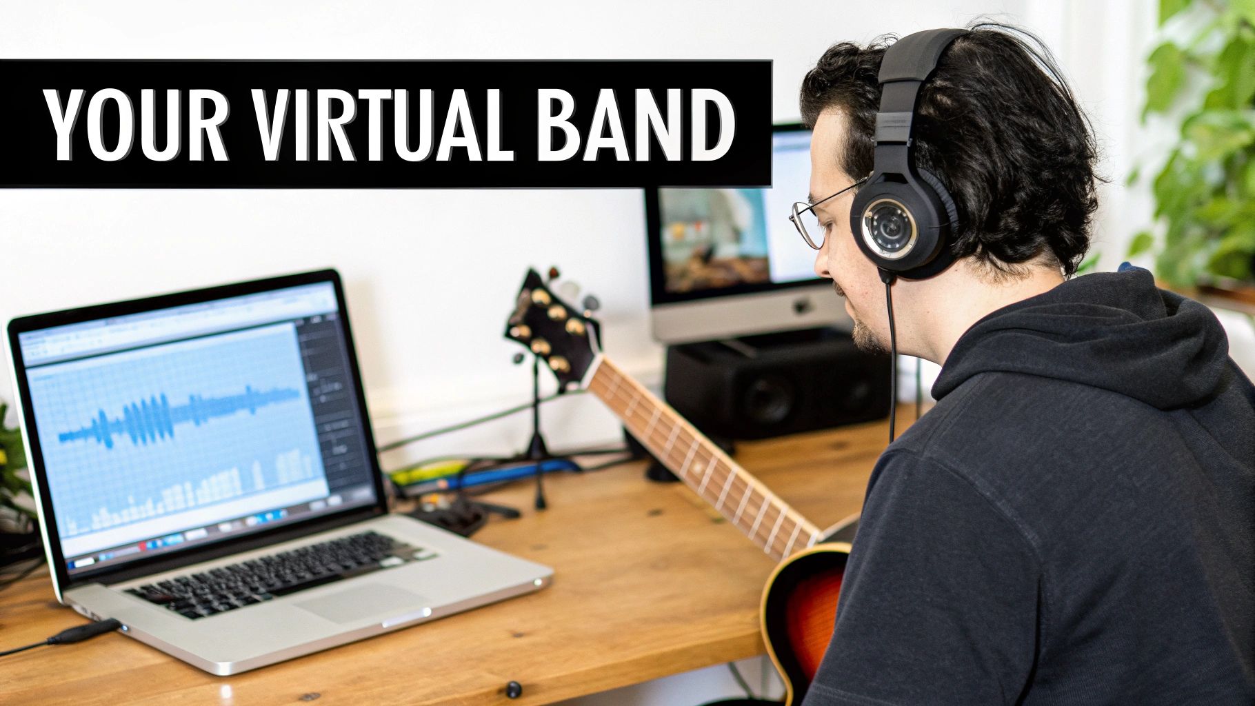 A man with headphones uses a laptop and guitar to create a virtual band's music.
