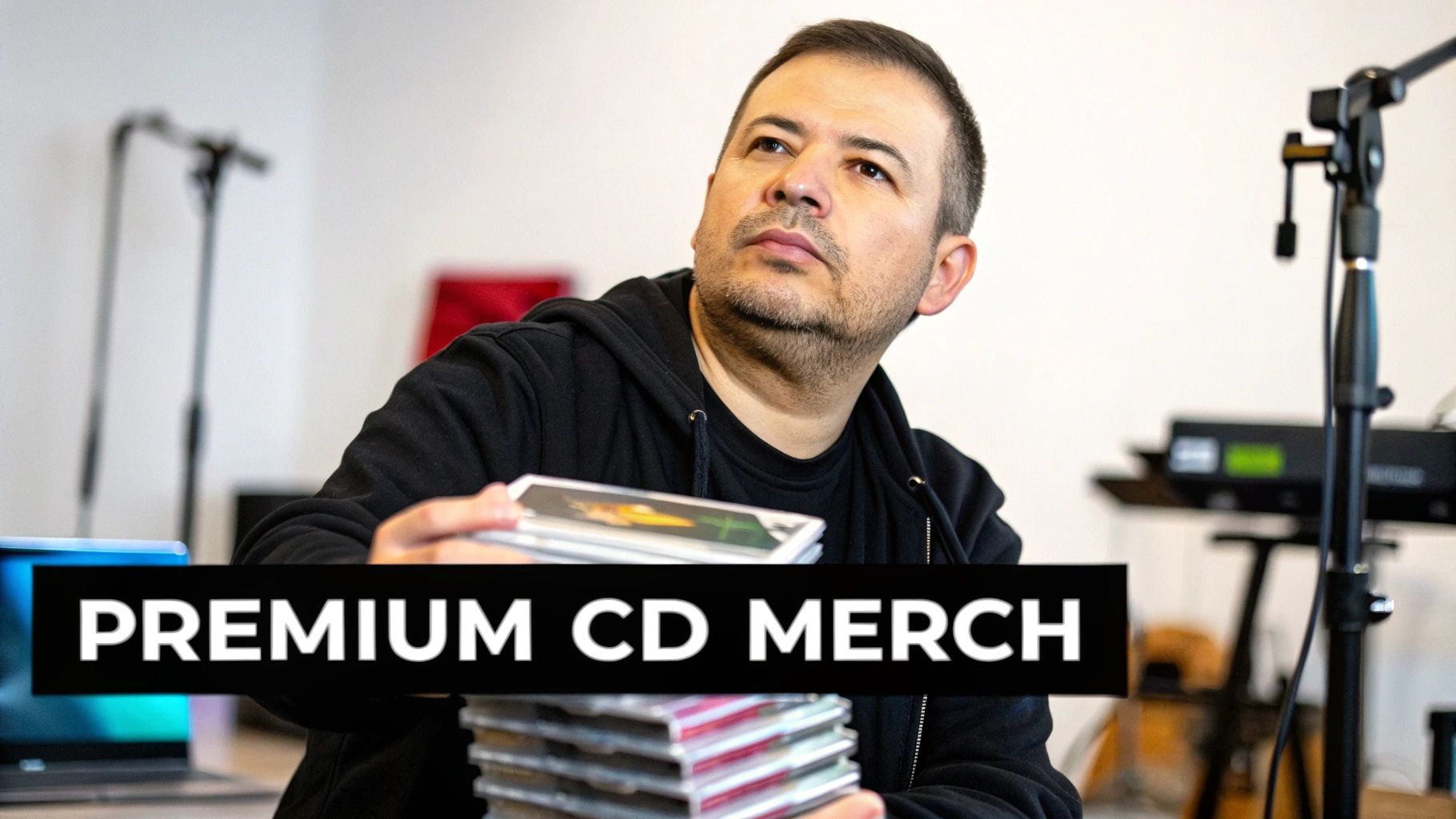 A man in a black hoodie holds a stack of premium CD merch in a studio.