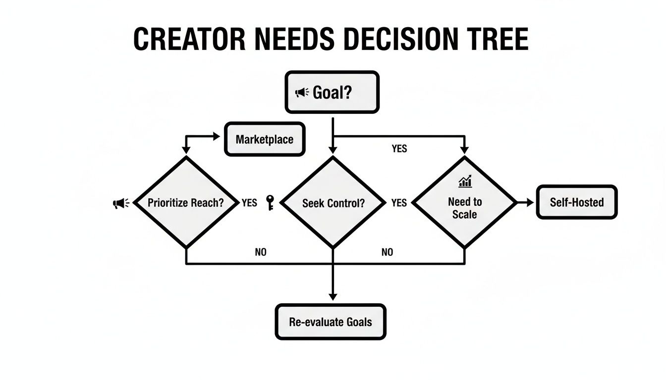 A Creator Needs Decision Tree flowchart helps creators choose between Marketplace, Self-Hosted, or re-evaluating goals based on reach, control, and scalability.