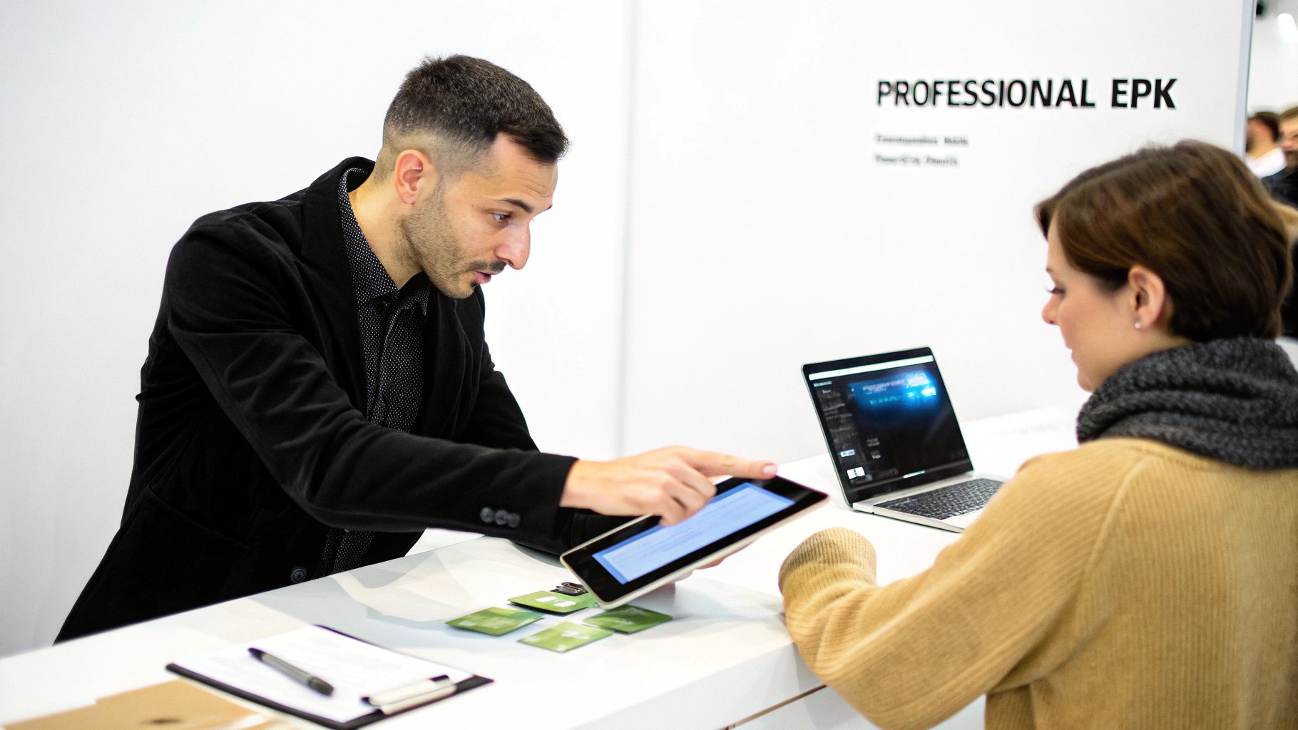 A man showing content on a tablet to a woman looking at a laptop, discussing a professional EPK.