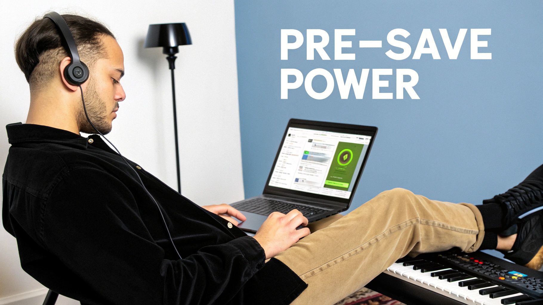 A man with headphones looks at a laptop screen, with his feet resting on a music keyboard.