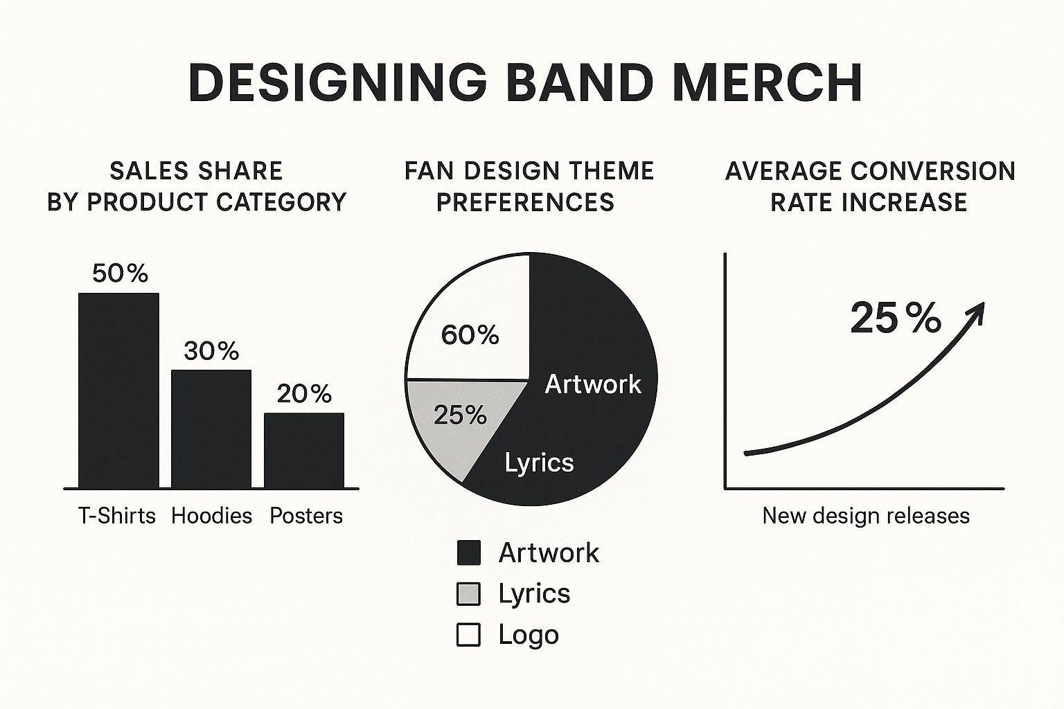 Infographic showing data on band merch sales by category, fan design preferences, and conversion rate increases after new releases.