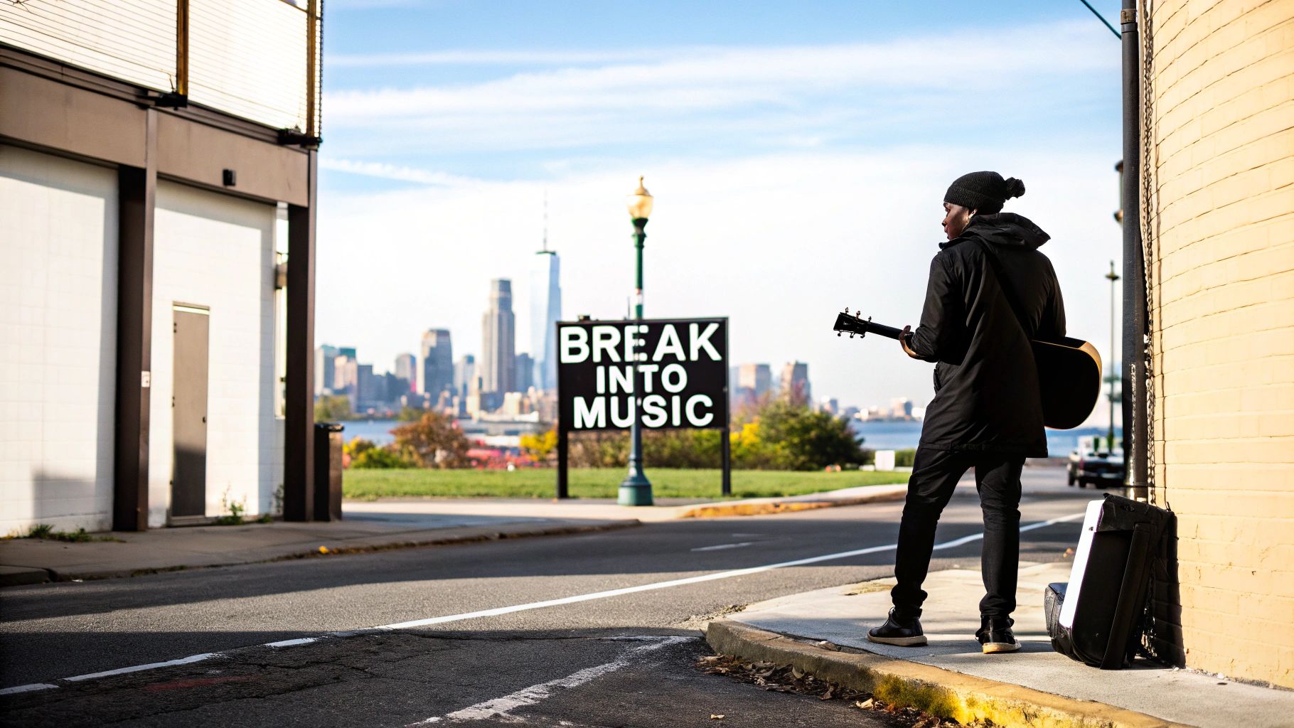 Musician with guitar and amplifier standing on street corner with city skyline view