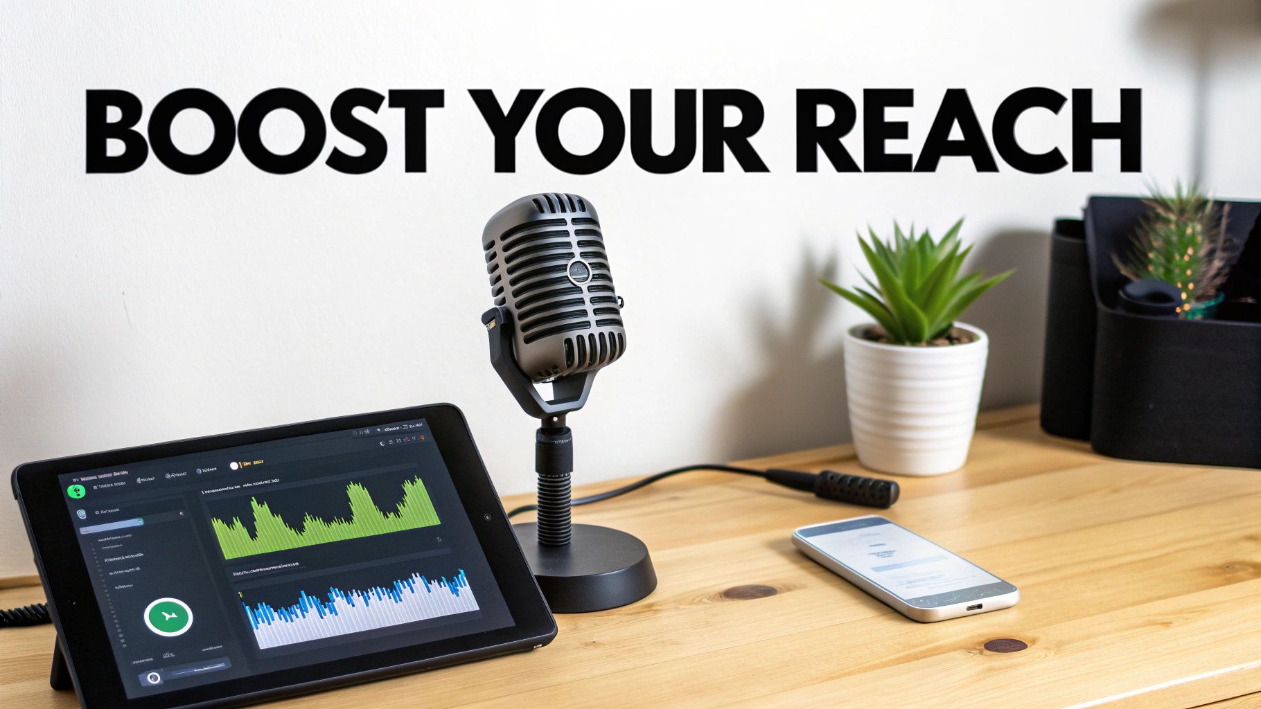 A retro microphone, a tablet displaying analytics, and a smartphone on a wooden desk, under "BOOST YOUR REACH" text.