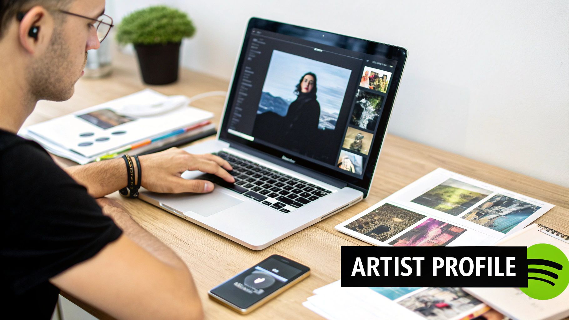 An artist working on music in a professional studio, representing the creative process behind a Spotify profile.