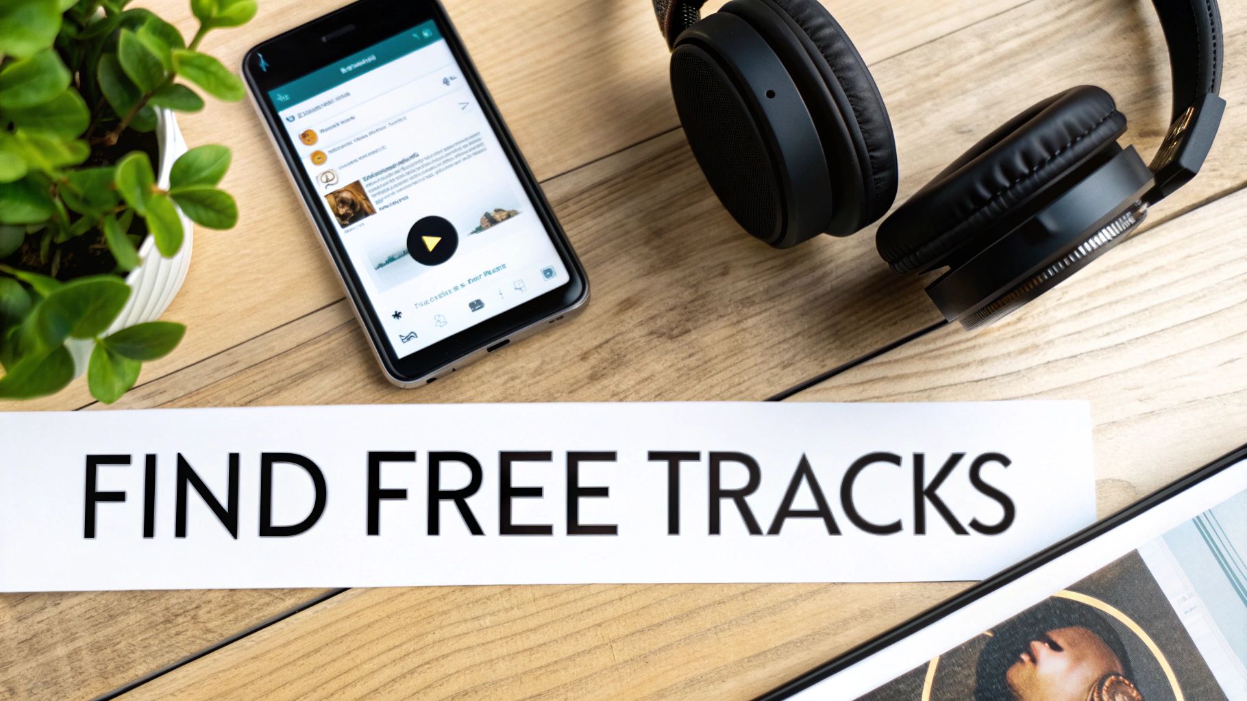 A smartphone displaying a music app, black headphones, and a plant on a wooden desk with a sign 'FIND FREE TRACKS'.