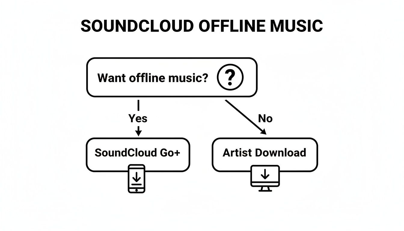 Flowchart illustrating options for SoundCloud offline music: SoundCloud Go+ for mobile or artist downloads for desktop.