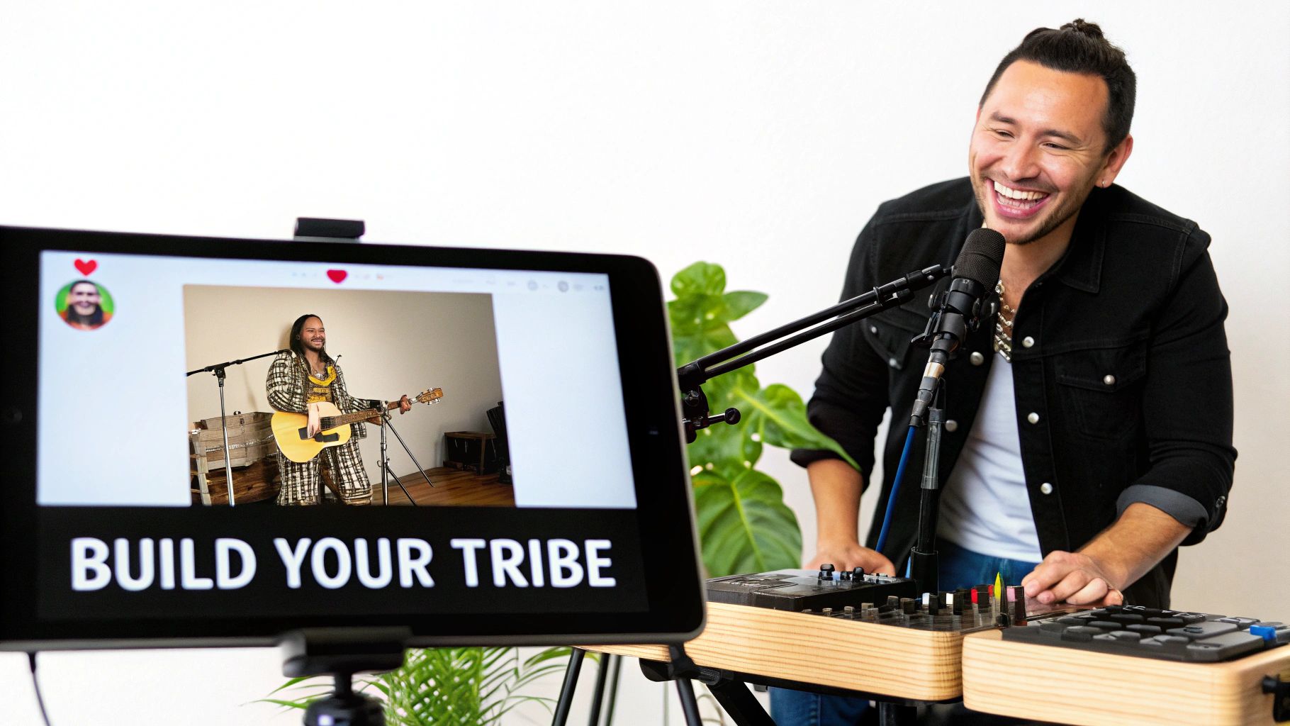 A man laughing while recording a podcast, watching a musician perform on a tablet.