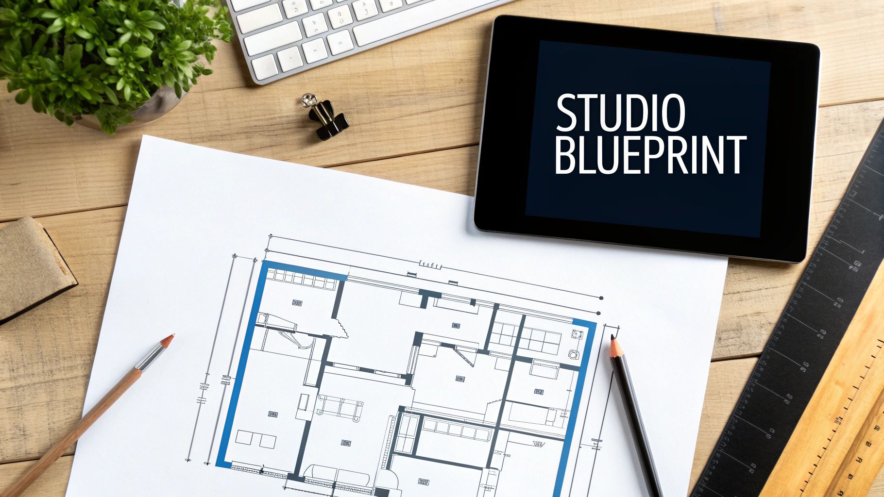A flat lay of a studio blueprint on a wooden desk with a tablet, plant, and drawing tools.
