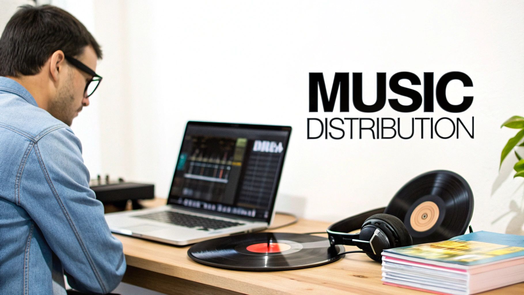 A person works on a laptop with music software, alongside vinyl records and headphones, for music distribution.
