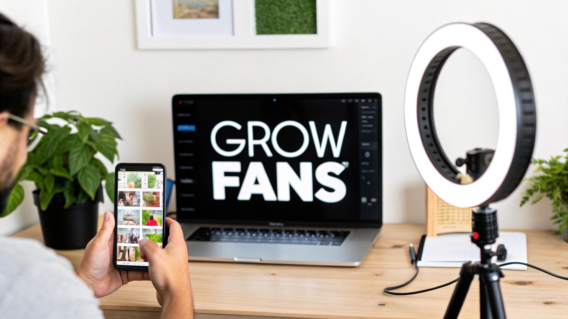 A person using a phone, with a laptop showing 'GROW FANS' and a ring light on a wooden desk.