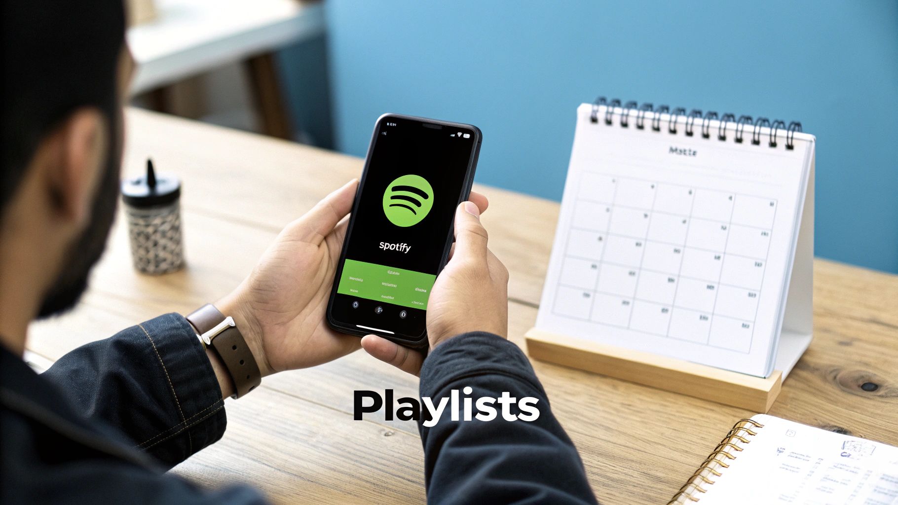 A person holds a smartphone displaying the Spotify app logo and interface on a wooden desk.