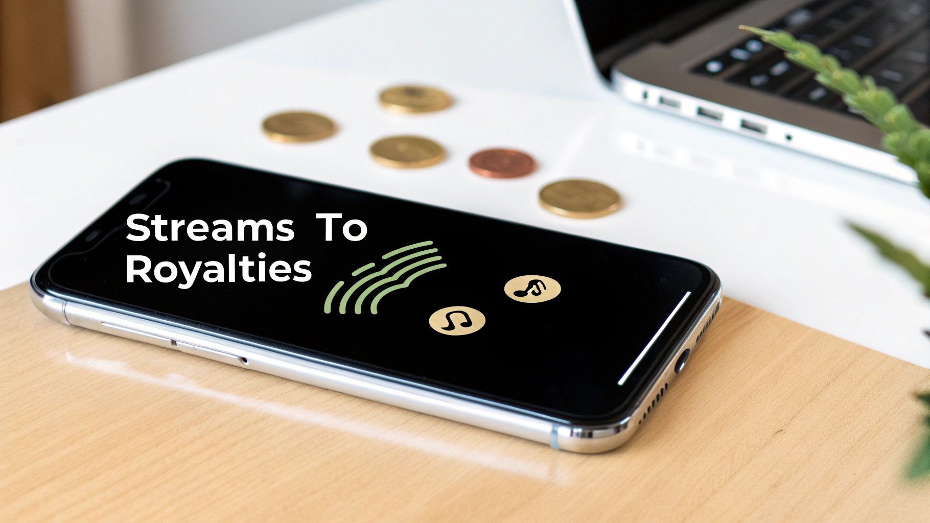 Smartphone displaying 'Streams To Royalties' with music icons and coins on a white desk.