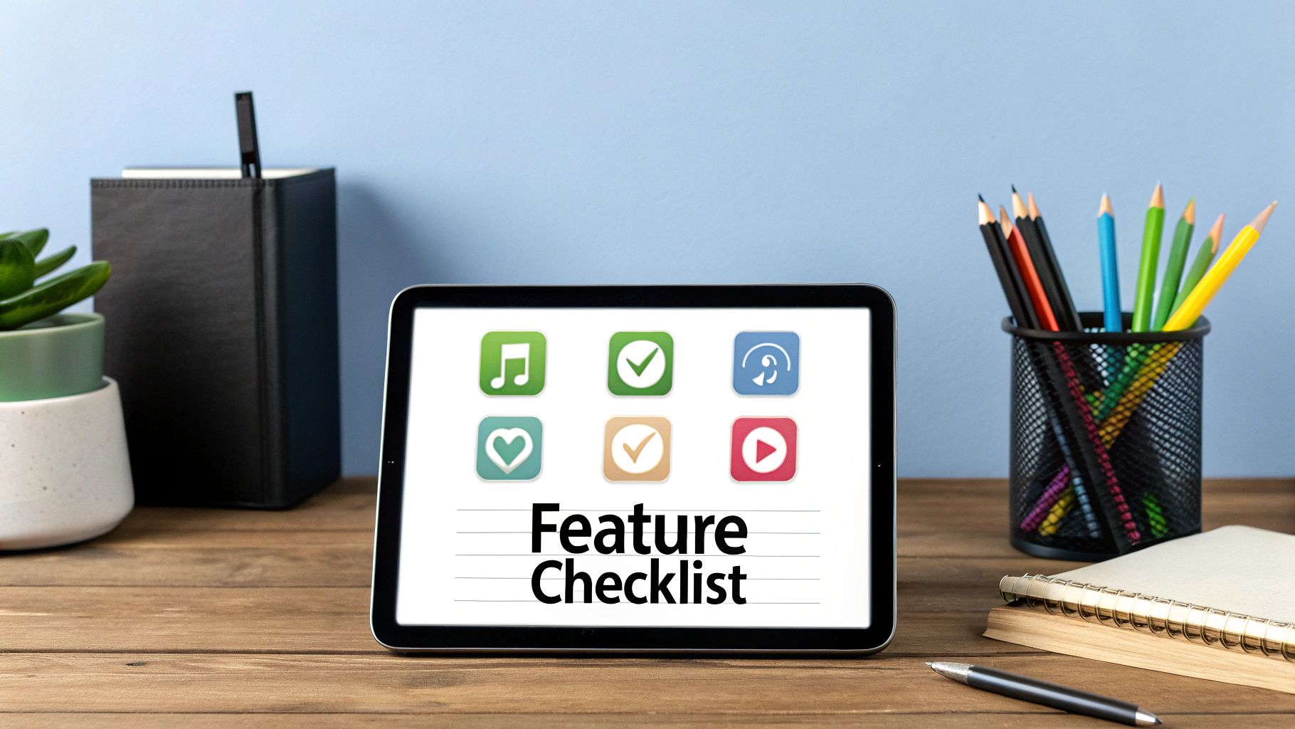 A checklist of features on a digital tablet, with an artist in the background.