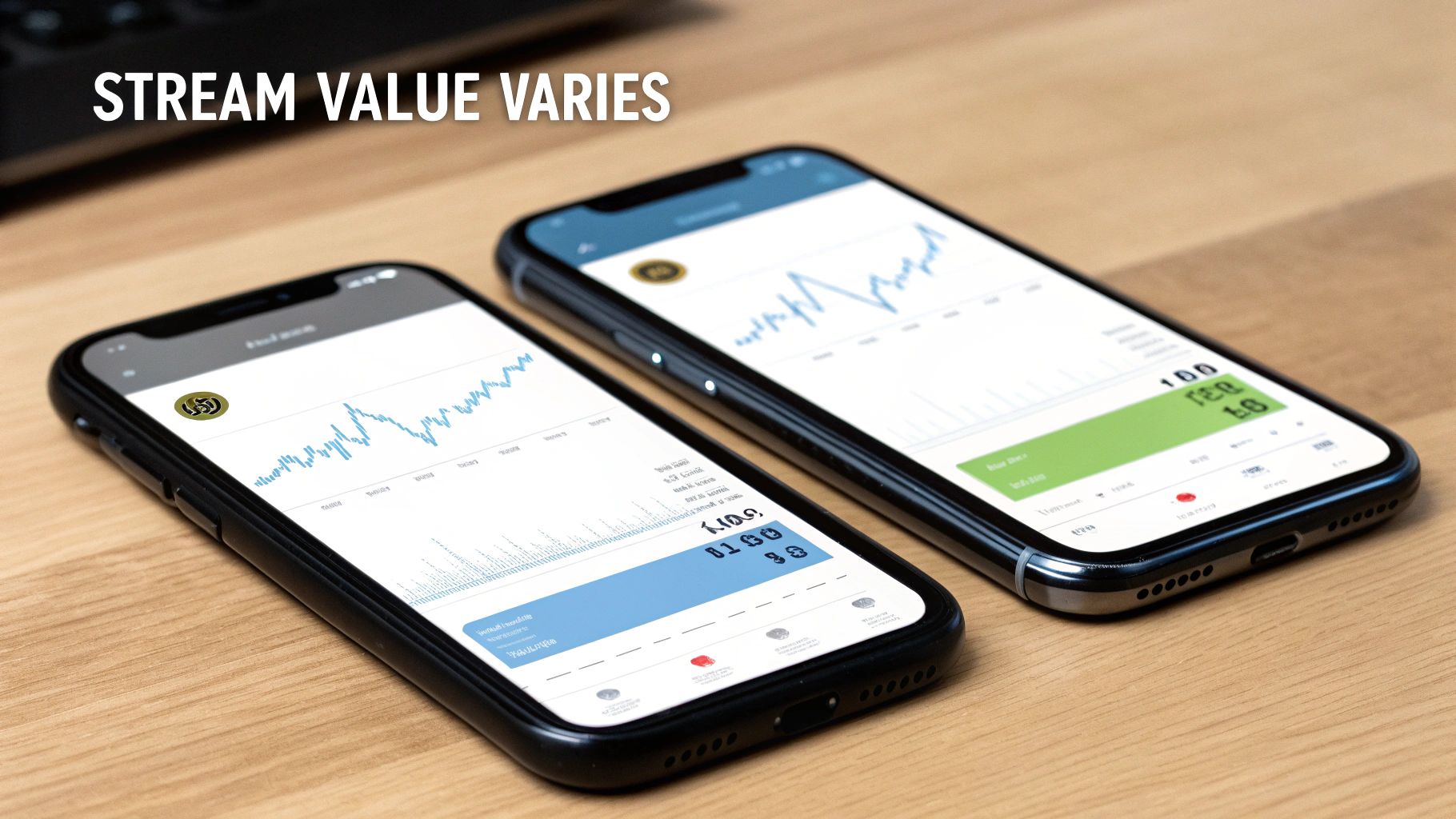 Two smartphones on a wooden desk display financial graphs and varying stream value data.