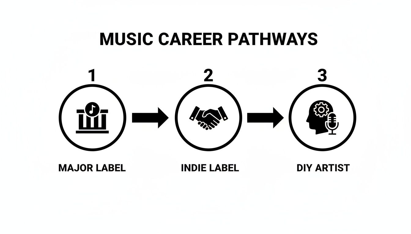 A diagram illustrating music career pathways including Major Label, Indie Label, and DIY Artist.
