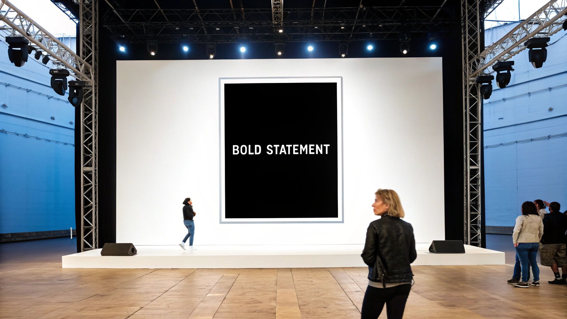Attendees observe a large screen on a stage proclaiming 'BOLD STATEMENT' at an event.