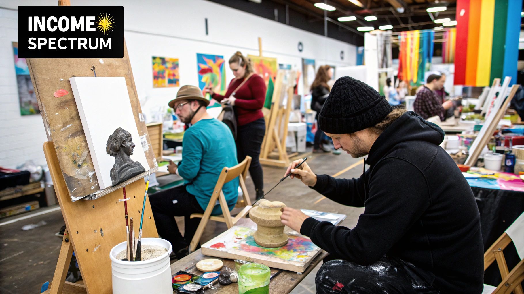 A painter working on a large canvas in a well-lit studio.