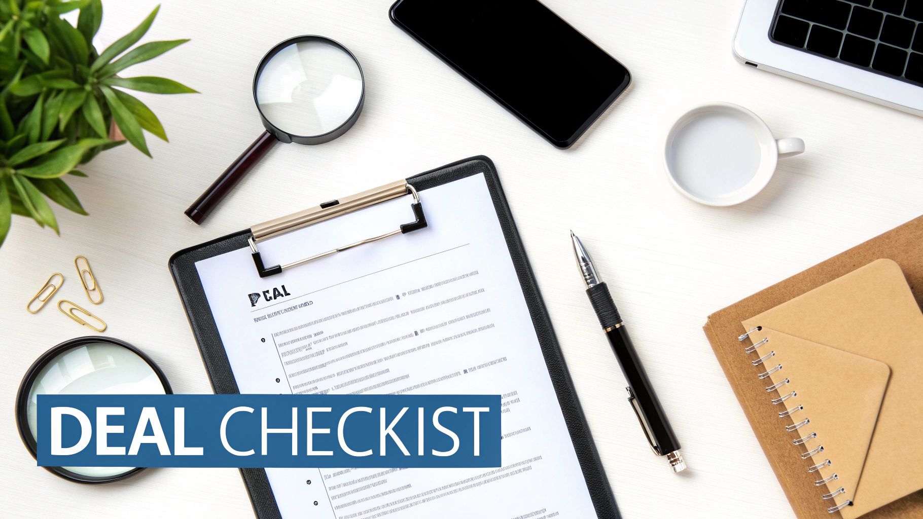 Flat lay of a desk with a 'DEAL CHECKLIST' document on a clipboard, pen, phone, laptop, and coffee.