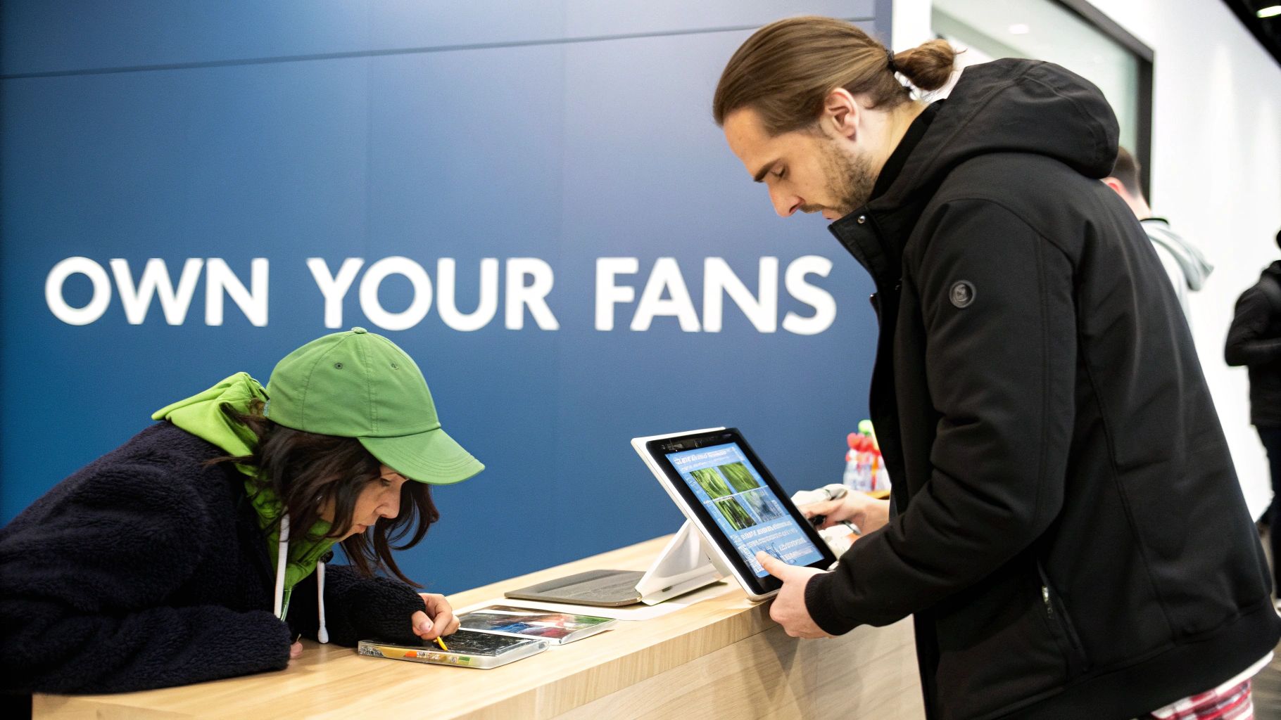 Two individuals engaging with digital tablets at a counter with an 'OWN YOUR FANS' sign.