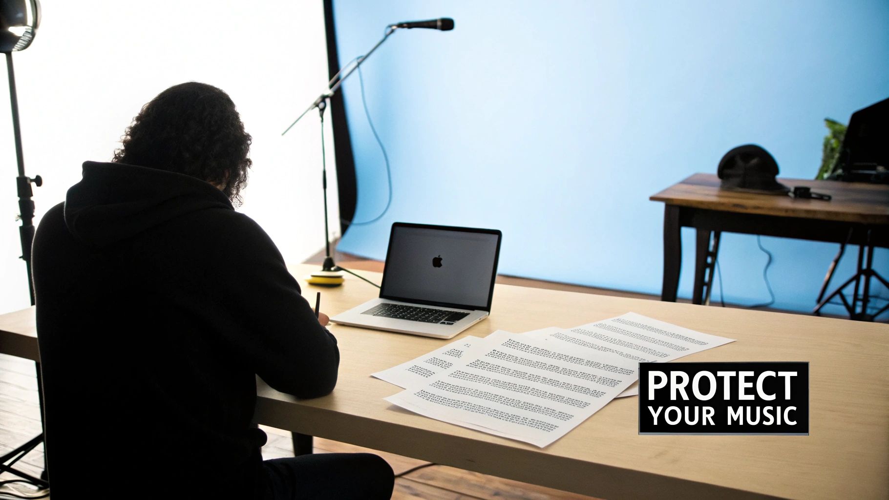An artist looking at a vinyl record, considering the business side of their music career.