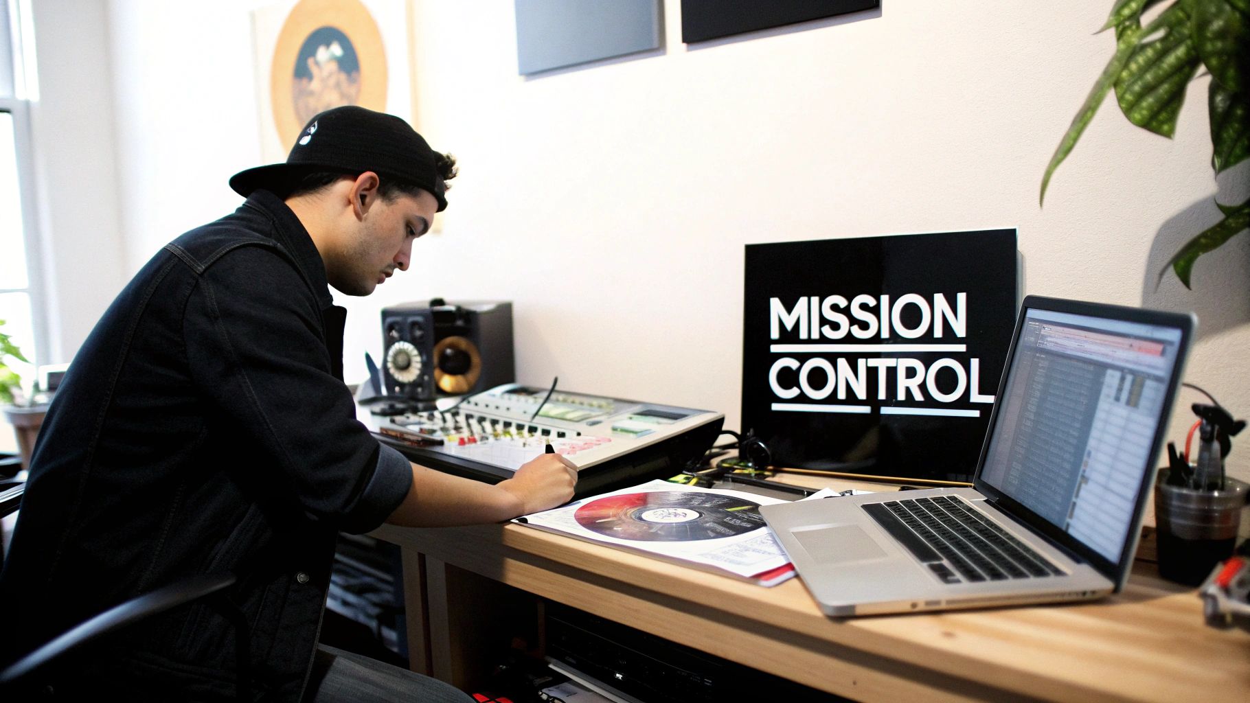 A man in a cap works intently at a music production desk with a mixing board and laptop.