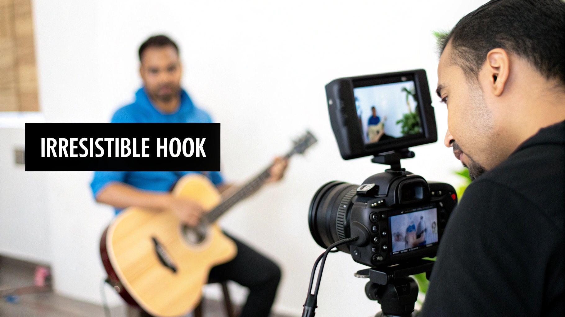 A videographer records a musician playing an acoustic guitar for a video project.
