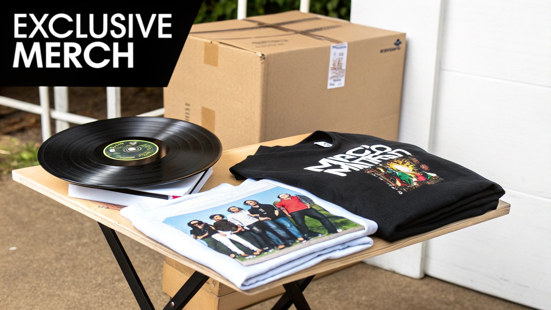 Exclusive band merch displayed on a wooden table: a vinyl record, black and white t-shirts, and a shipping box.