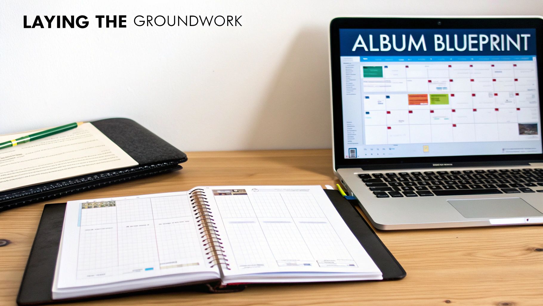 A desk with a laptop displaying an album blueprint calendar, an open planner, and a document with a pen.