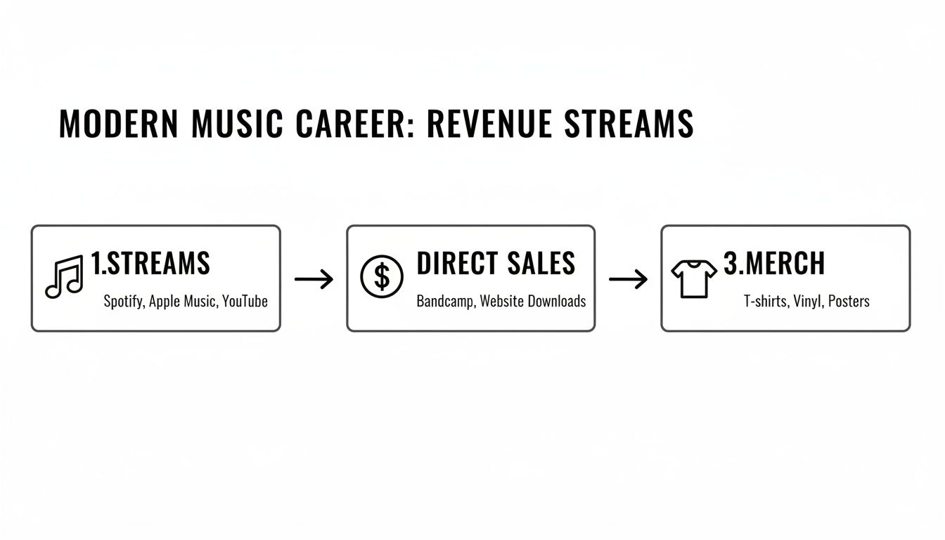 Infographic detailing three primary revenue streams for a modern music career: streams, direct sales, and merchandise.