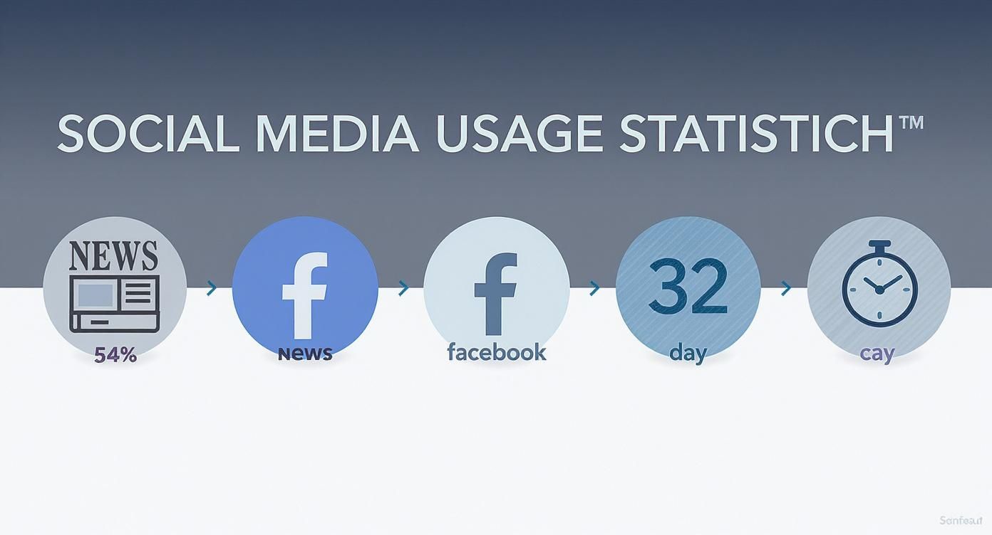 Infographic showing that 54% of users get news from Facebook and spend an average of 32 minutes per day on the platform.