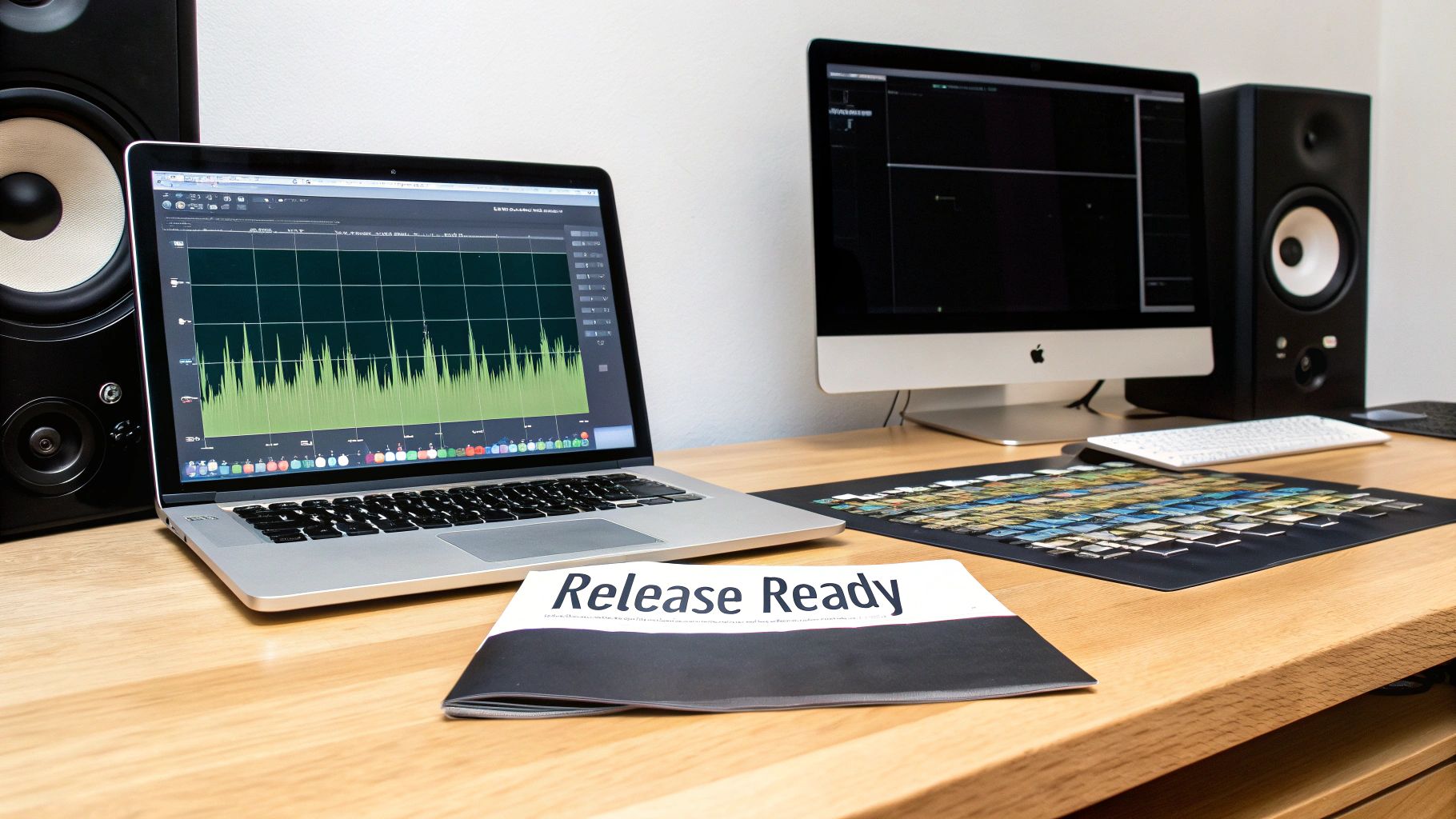 A music production desk with a laptop, external monitor, studio speakers, and a 'Release Ready' document.