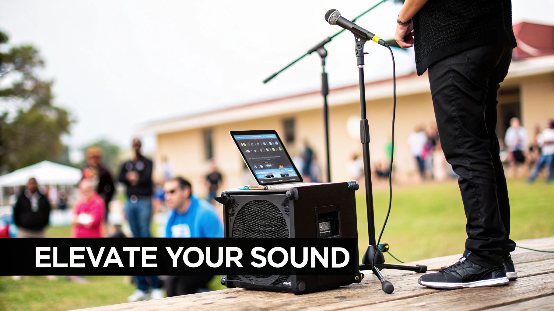 Person on stage performing with a microphone, laptop, and speaker at an outdoor event.