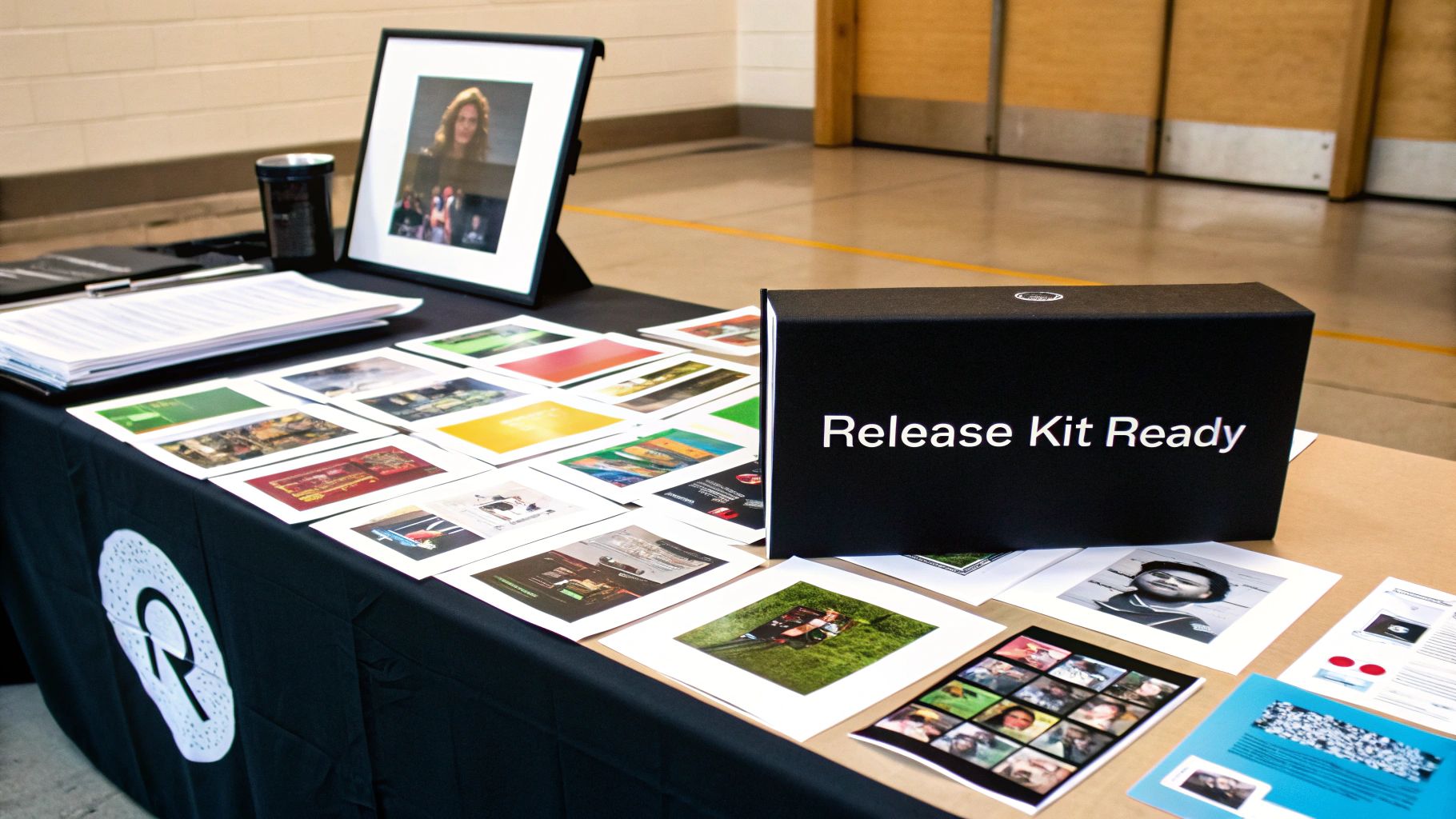 A table display at an event featuring a 'Release Kit Ready' box, a framed photo, and various printed images.