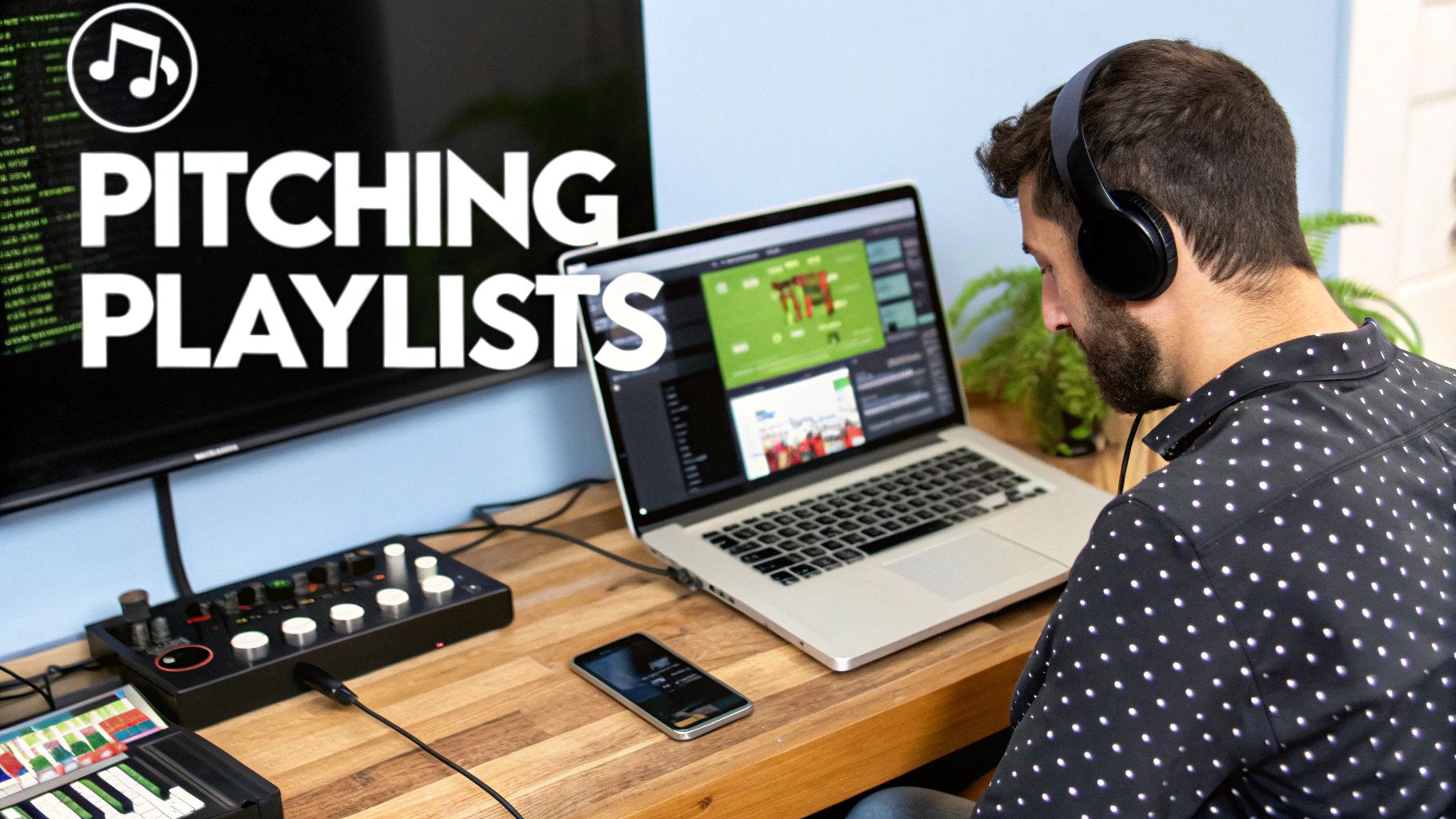A person wearing headphones sits at a desk with a laptop and music equipment, monitor displays 'PITCHING PLAYLISTS'.